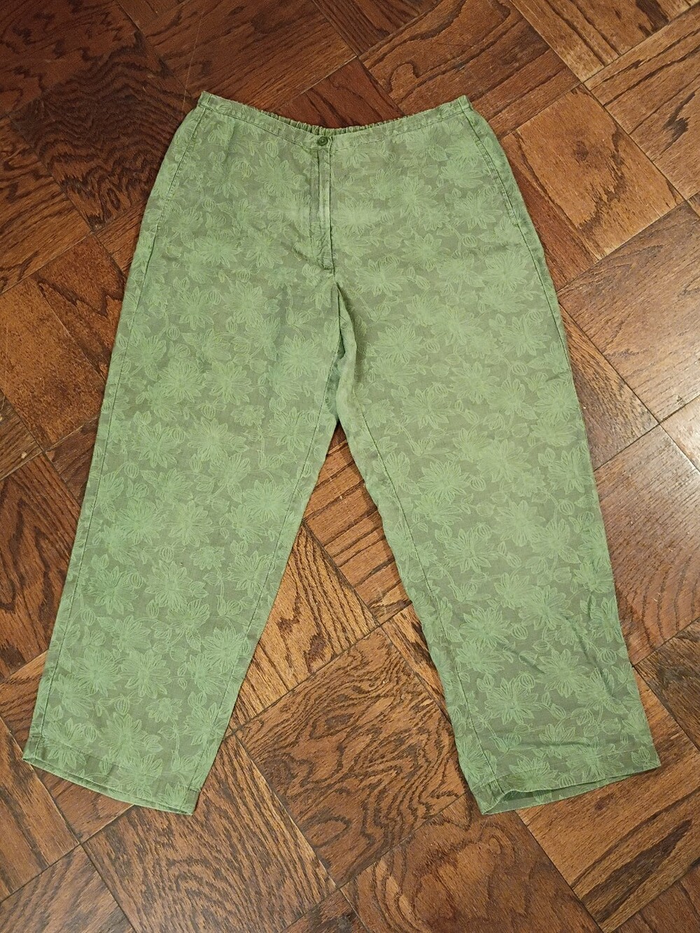 LL Bean 100% Linen Olive Green Floral Pants Elastic Back Wide Leg Petite Sz 10P
